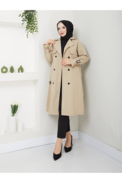MEHDENEFE Windbreaker Detailed Sleeves & Waist Belted Buttoned Trench Coat Md...