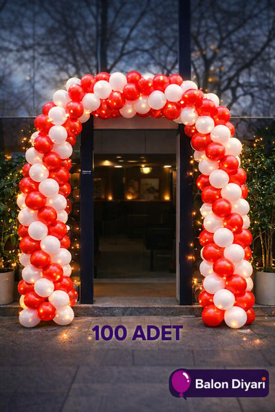BALON DİYARI 100 Adet Kırmızı ve Beyaz Balon + 5 Metre Balon Zinciri Seti