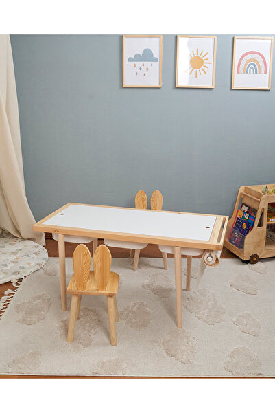 Montessori Çocuk Aktivite Masası Çam Ahşap 3 Sepetli Beyaz/Kara Yazı Tahtalı ve 2 Sandalyeli