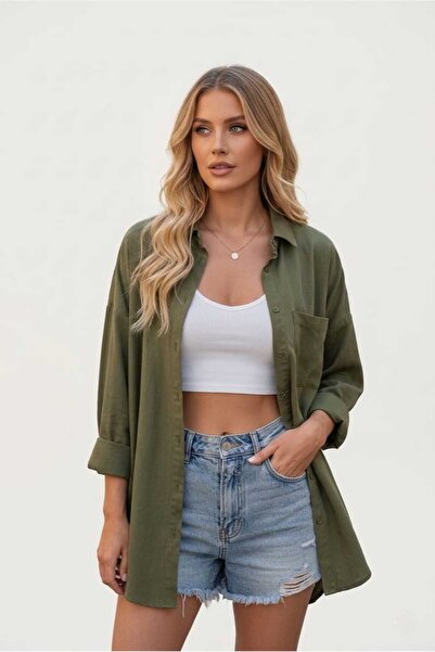 Modabenna Χακί oversized Καλοκαιρινό πουκάμισο Λινό 100% Βαμβάκι Με τσέπες Tr...