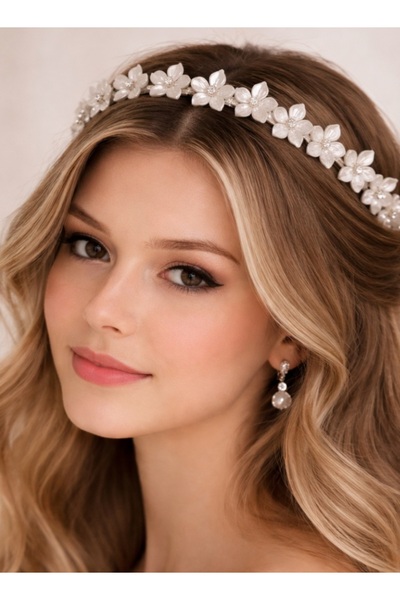 Hüner aksesuar Refika İncili Çiçekli Gelin Taç ,Lohusa ,Nişan Taç,Parti tacı