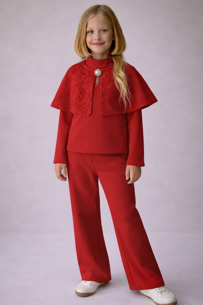 FESSHERA KİDS Kız Çocuk Takım Pelerinli Broş Kapama Detaylı Pamuklu 3 Parça Set