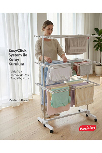 Ceraware Home Lite Premium 3 Katlı Çamaşırlık Made in Korea Tekerlekli Çamaşır Kurutmalık Eco Gri