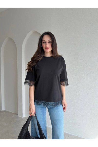 LİNDALİNA TEKSTİL Kadın Oversize Bisiklet Yaka Dantel Detaylı T-Shirt