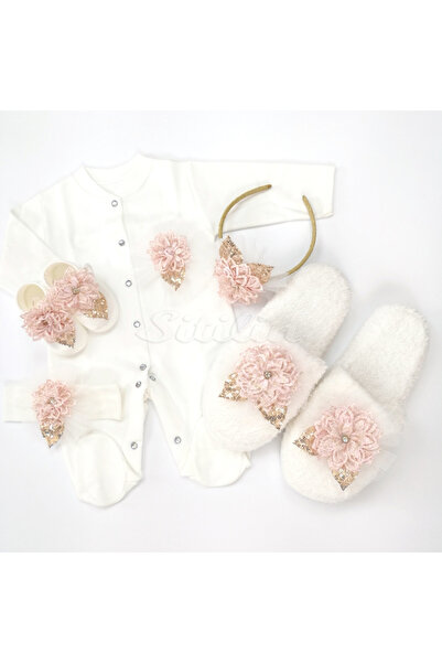 Dandini Pembe Beyaz Lohusa Terlik Seti Bebek Hediyesi