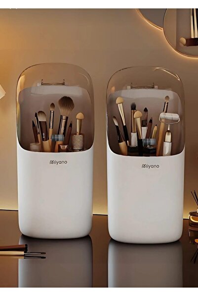 Miyano Şeffaf Açılır Kapaklı Fırça ve Makyaj Organizer Kutusu, Plastik, Beyaz