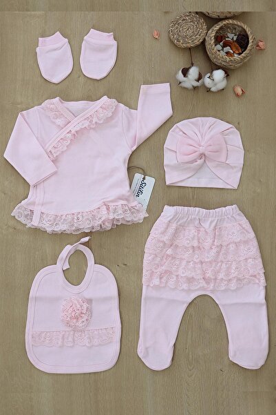 Sitilin Baby Girl Lace Piece Luxury Eyelet Embroidery Piece Ornate 5 Piece Hospital Release Set 100% Cotton Newborn Set
