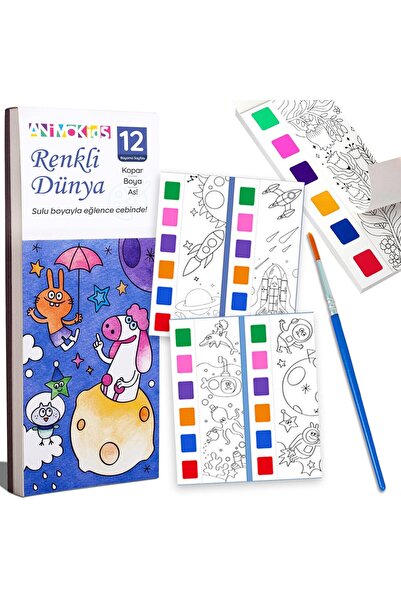 animokids Renk Paletli Sulu Kitabı + Fırça, 12 Sayfa Boyama Kitabı, Aktivite ...