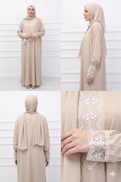 Defka Kendinden Başörtülü Şık Dantelli Kadın Tesettür Namaz Elbisesi