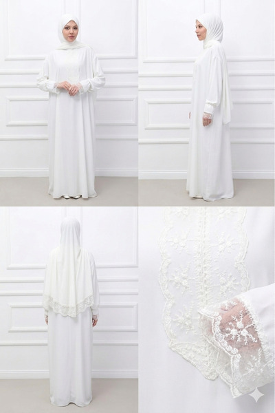 Defka Kendinden Başörtülü Şık Dantelli Kadın Tesettür Namaz Elbisesi