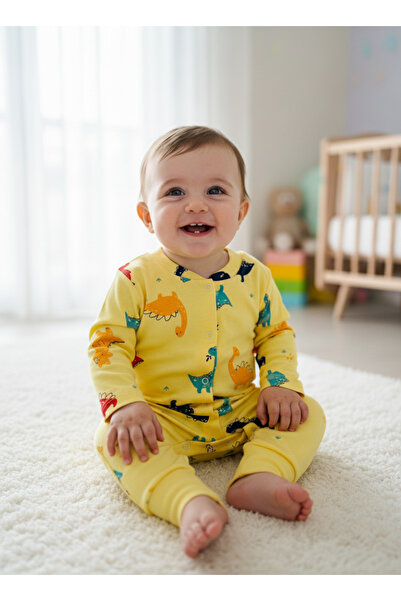 minço bebe Yenidoğan Sarı Dinozor Baskılı Çıtçıtlı Kız Erkek Patiksiz Bebek T...
