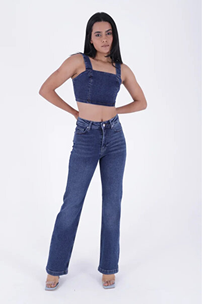 Coşkun GİYİM Γυναικείο τζιν παντελόνι με ραφές στο ψηλόμεσο μέρος και χαλαρό ...