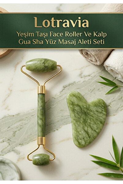 Lotravia Yeşim Taşı Face Roller Ve Kalp Gua Sha Yüz Masaj Aleti Seti