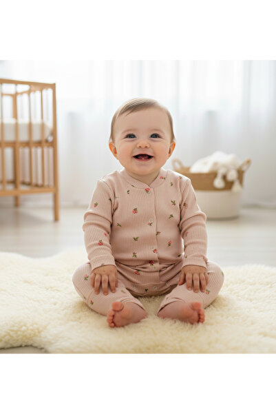 minço bebe Kız Bebek Tulum %100 Pamuk Mini Lale Baskılı Çıtçıtlı Patiksiz Esn...