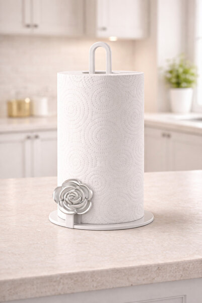 VENON White Matte Silver Flowered Metal Towel Napkin Holder- Paper Towel Hold...