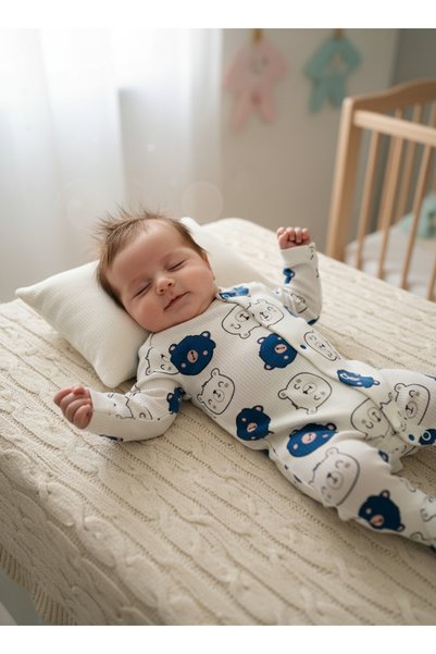 minço bebe Baby Boy Jumpsuit 100% Cotton Bear Printed Flexible Comfortable Daily Jumpsuit with Snap-On Booties