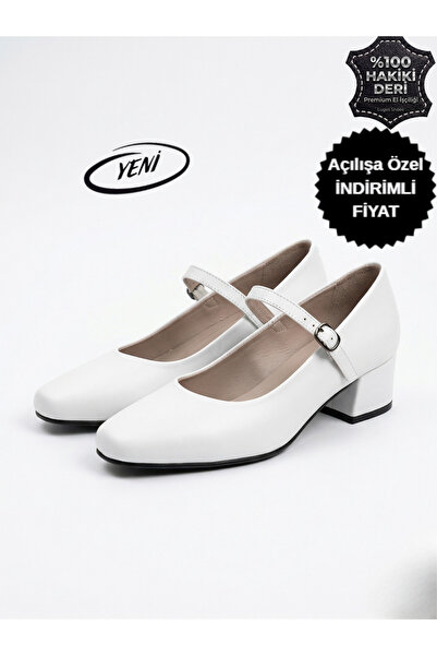 Luges Hakiki DeriBeyaz Kare Burun Tek Bantlı Düşük Topuklu Ayakkabı Mary JAne