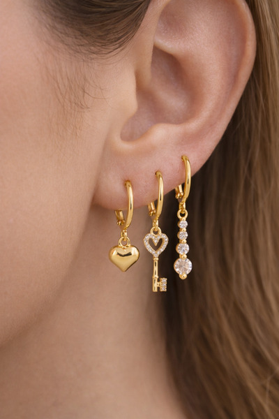 LooRen Butik Gold Color Earring Set with Heart, Key and Zircon Stone Detail –...