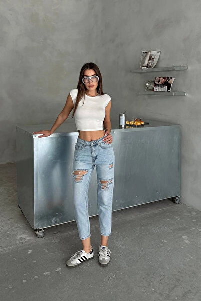 Harmony Γυναικείο ψηλόμεσο τζιν παντελόνι με σκισίματα και λεπτομέρειες σε μπ...