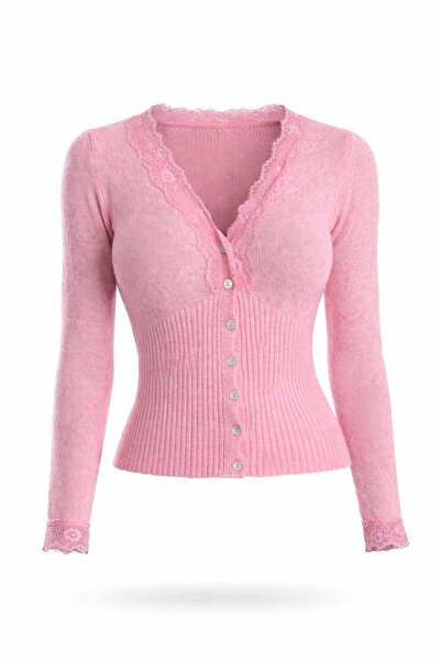 5in1Canpolat Pink Lace V-Neck Cardigan 261013