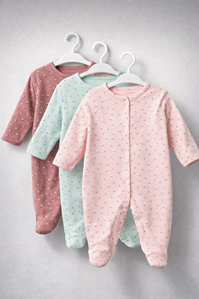 moukou %100 Pamuk 3’lü Bebek Tulum Seti Patikli Uzun Kollu Kombin 3-6-9 Ay Ye...