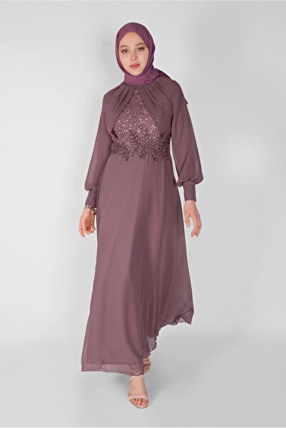 TRENDTESETTÜR KADIN PEMBE (GÜL) PULLU NAKIŞLI ŞİFON ABİYE 58725