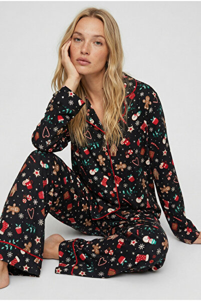Siyah İnci Μαύρο σετ πιτζάμες με μοτίβο χριστουγεννιάτικου θέματος με μαλακή ...