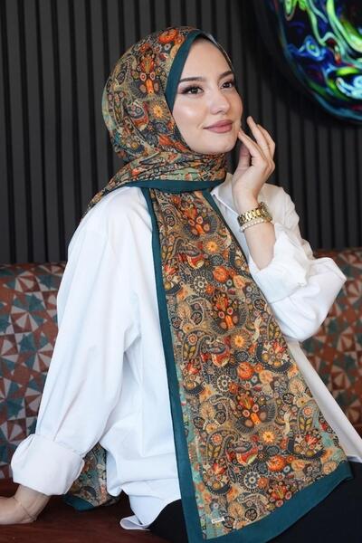 AFVENTE Πράσινο μαλακό βαμβακερό σάλι με έθνικ φλοράλ σχέδιο