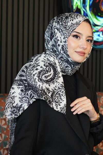 AFVENTE Classic Paisley Pattern Black-White Soft Cotton Shawl