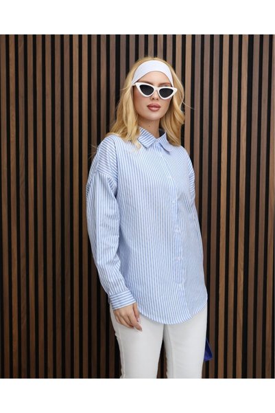 deqfashion Women's Blue Striped Oversized Cotton Shirt