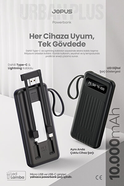 10000mAh Powerbank Internal Wired, LCD Display, LED Lamp, Portable Charger Black JP-P11