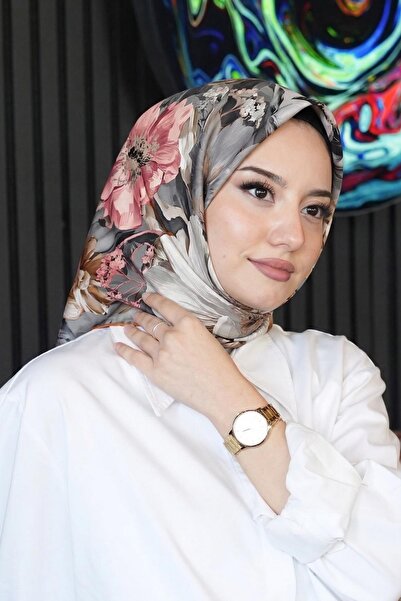 AFVENTE Μαλακό βαμβακερό κασκόλ με σχέδιο μαργαρίτας σε γκρι απόχρωση