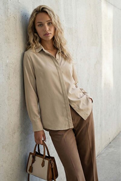 Madmext Beige Modern Cut Women's Shirt Mg2674