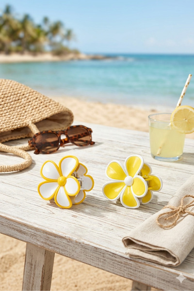 Monalisa Kadın Sarı Beyaz Papatya 2'Li Mandal Toka Seti Büyük Boy 9 CM