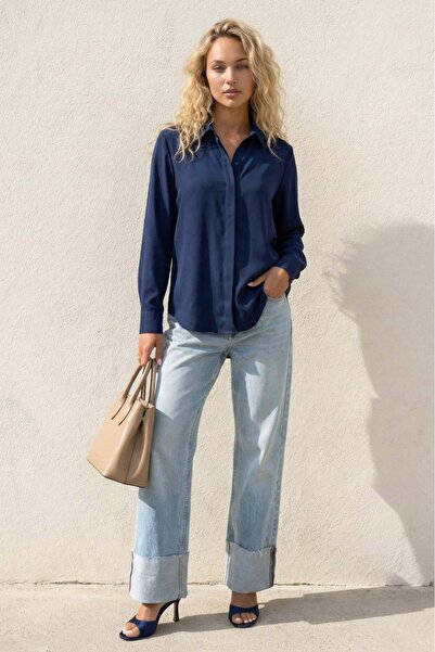 Madmext Γυναικείο πουκάμισο σε μπλε ναυτικό μοντέρνο σχέδιο MG2674