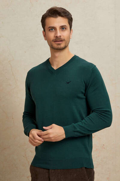 SMILE Borg Dark Green 100% Cotton V-Neck Sweater