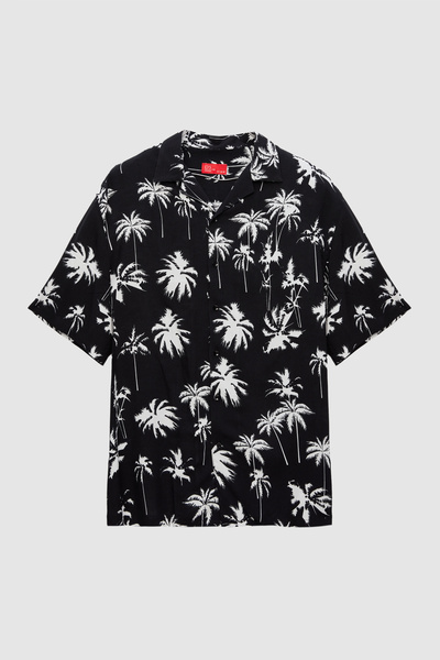 D'S Damat Μαύρο πουκάμισο βισκόζης - Χαλαρό σχέδιο παλάμης, κοντό μανίκι, καλ...