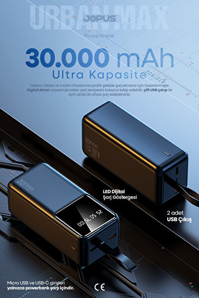 Powerful Portable Charger with 30000mAh Powerbank LCD Display Carrying Strap Black JP-P12