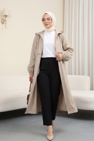 Modamorfo Boydan Fermuarlı Kapşonlu Uzun Yağmurluk -taş