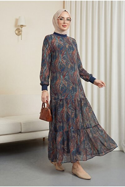 Modamorfo Φόρεμα σιφόν με έθνικ σχέδιο, φούστα με ένθετα και φόδρα - σμαραγδί