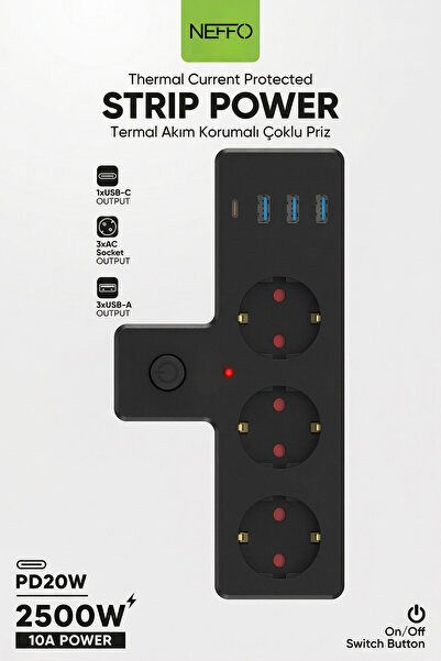 NEFFO Akım Termal Çocuk Korumalı 3x Usb 1x Type-C Girişli 3lü Priz