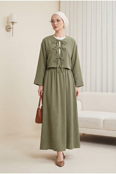 Modamorfo Λινό σετ με δέσιμο μπροστά και φούστα με ελαστική μέση -χακί