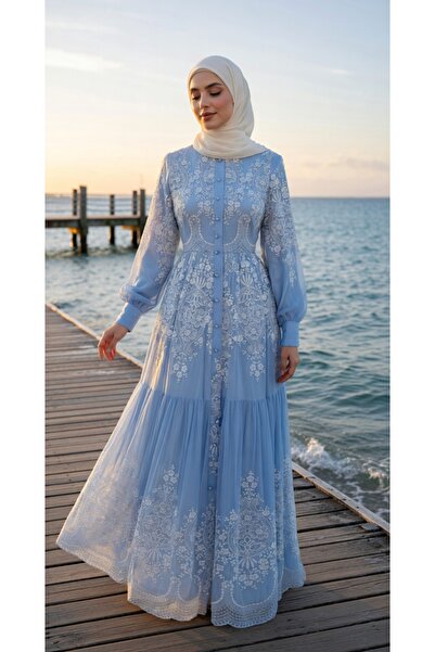Muslima Wear Blue Dream Mavi Inci Düğmeli Beyaz Çiçek Desenli Nakışlı Abiye E...