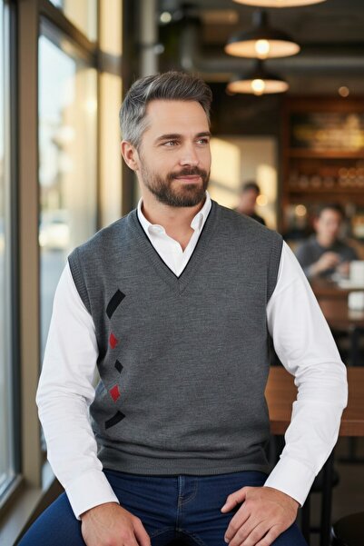 Kamalı Men's Gray Anti-Pilling Standard Fit Regular Cut V-Neck Knitwear Sweater