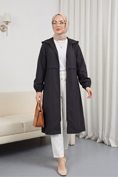 Modamorfo Μακρύ αδιάβροχο με κουκούλα με φερμουάρ - μαύρο