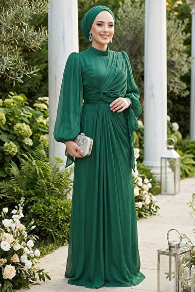 N.S NEVA STYLE Βραδινό φόρεμα με σμαραγδένιο πράσινο χιτζάμπ με λεπτομέρεια κ...