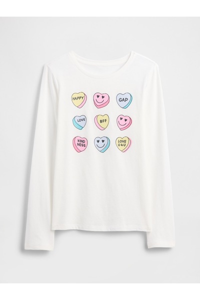 GAP Kız Çocuk Kırık Beyaz Kids Grafik T-Shirt