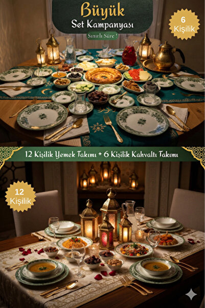 KÜTAHYA HOME Green Romance 68 Prç Porselen 12 Kişilik Yemek Takımı ve Kahvalt...