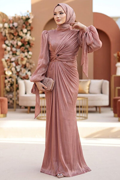 N.S NEVA STYLE - Χάλκινο Φόρεμα Βραδινό Φόρεμα Hijab με Λεπτομέρεια Κουρτίνας...