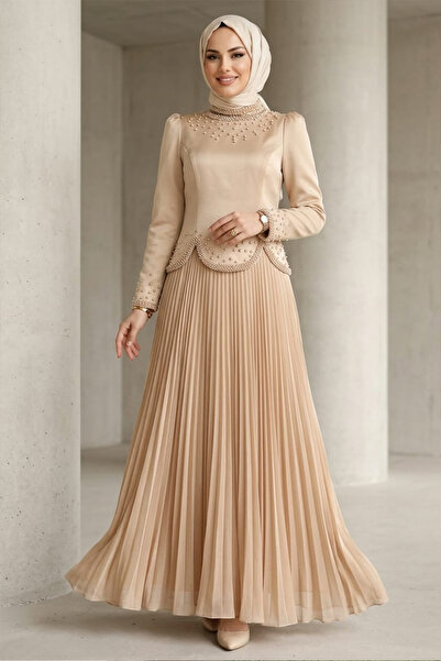 N.S NEVA STYLE Rochie de seară bej cu detalii din mărgele, stil hijab 55651BEJ